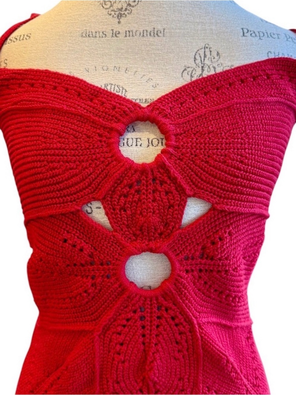 Cult gaia $648 Retail Red Crochet Cutout dress with scalloped skirt knitted SM - Picture 5 of 5